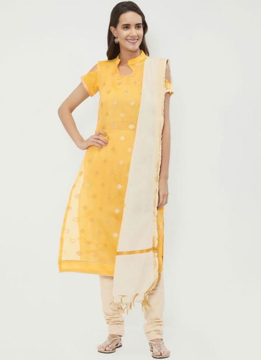 Miraamall Yellow Color Chanderi Cotton Churidar Salwar Kameez
