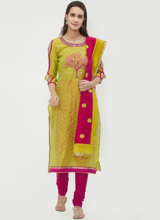 Miraamall Green & pink Color Chanderi Cotton Churidar Salwar Kameez