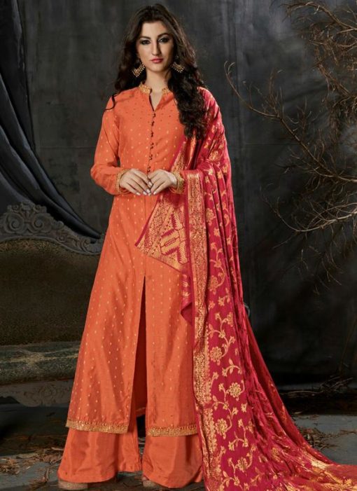 Renowned Red Silk Embroidered Wrok Designer Palazzo Suit