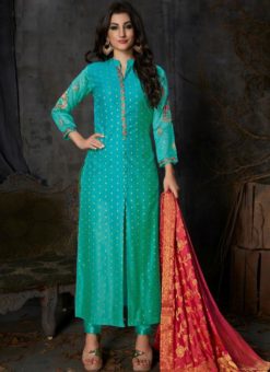 Piquant Blue Silk Embroidered Work Straight Party Wear Churidar Suit