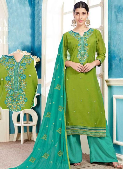 Renowned Green Chanderi Silk Embroidered Wrok Party Wear Palazzo Suit