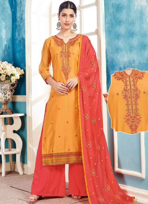 Fabulous Orange Chanderi Silk Embroidered Work Party Wear Palazzo Suit