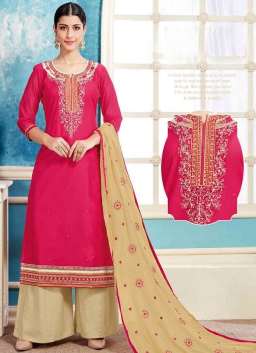 Lovely Pink Chanderi Silk Embroidered Work Party Wear Palazzo Suit