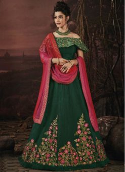 Captivating Green Satin Silk Designer Semi Stitched Lehenga Choli