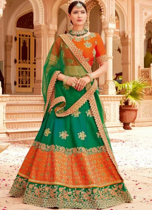 Beautiful Green And Orange Jacquard Silk Designer Lehenga Choli