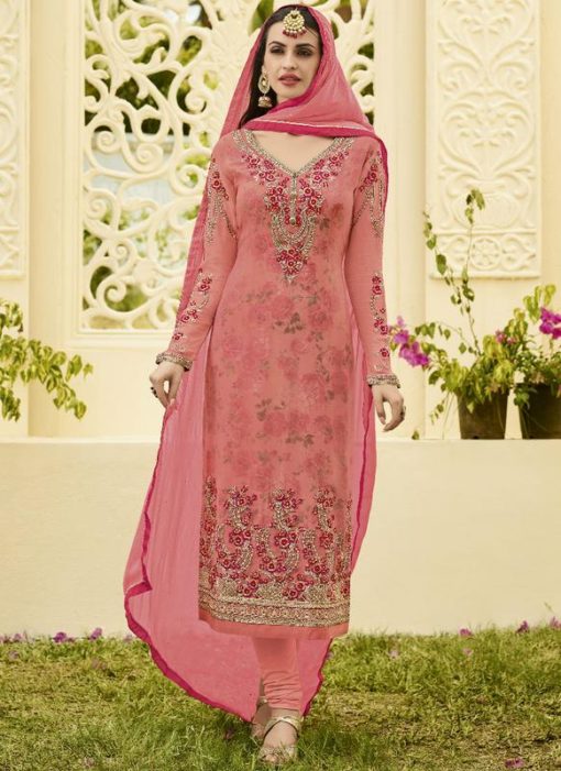 Luxurious Pink Georgette Embroidered Work Straight Salwar Kameez