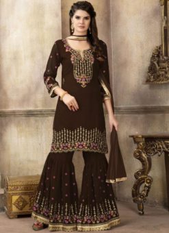 Fantastic Brown Georgette Embroidered Work Designer Palazzo Suit