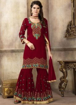 Lovely Maroon Georgette Embroidered Work Designer Palazzo Suit