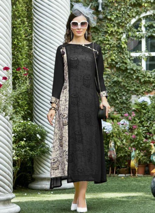 Appealing Black And Cream Rayon Printed Party Wear Kurti