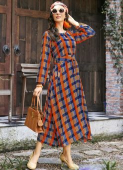 Winsome Orange And Blue Rayon Printed Party Wear Kurti