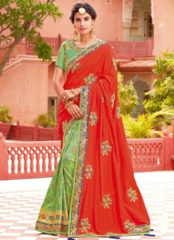 Fetching Red And Green Silk Zari Print Designer Saree