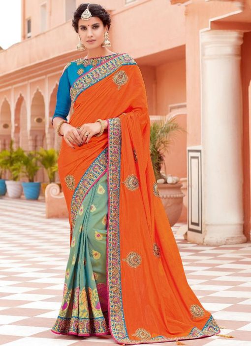 Exquisite Orange And Blue Silk Zari Print Designer Saree
