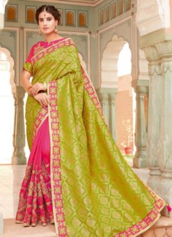 Beautiful Green And Pink Silk Zari Print Designer Saree