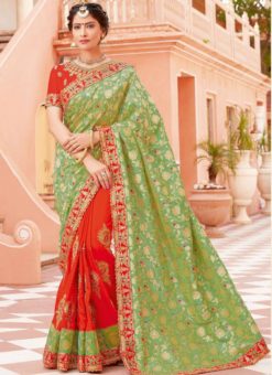Attractive Green And Organge Silk Zari Print Designer Saree