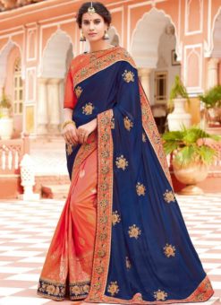 Appealing Navy Blue And Orange Silk Zari Print Designer Saree