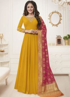 Alluring Yellow Silk Embroidered Work Party Wear Anarkali Salwar Kameez