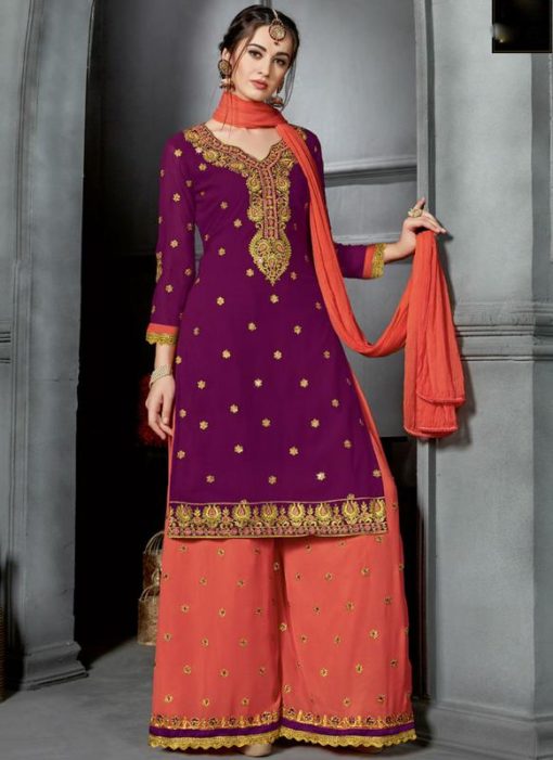 Beautiful Purple Georgette Embroidered Work Designer Pakistani Salwar Kameez