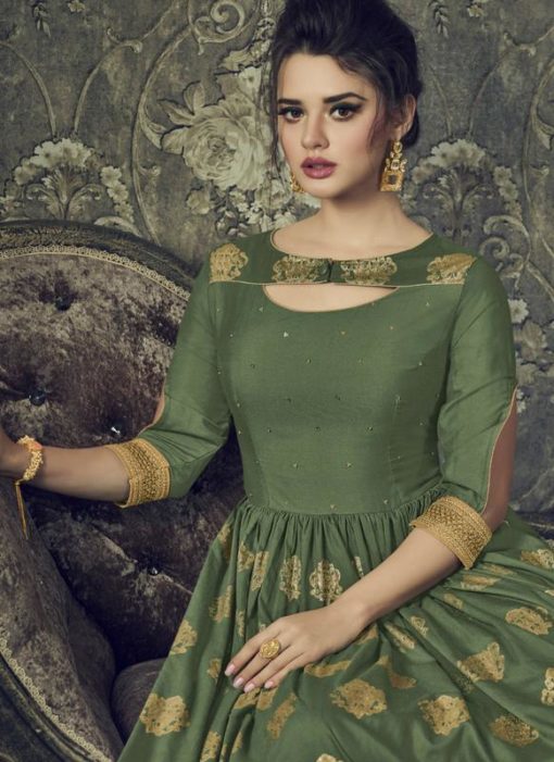 Attractive Green Silk Zari Print Designer Anarkali Salwar Kameez