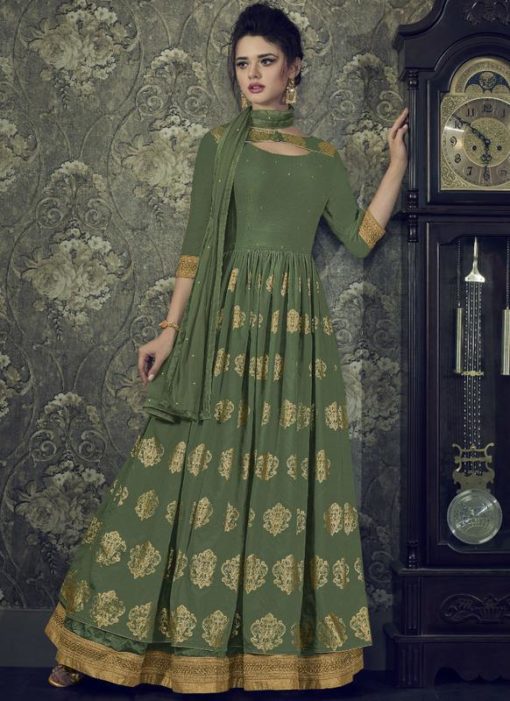 Attractive Green Silk Zari Print Designer Anarkali Salwar Kameez