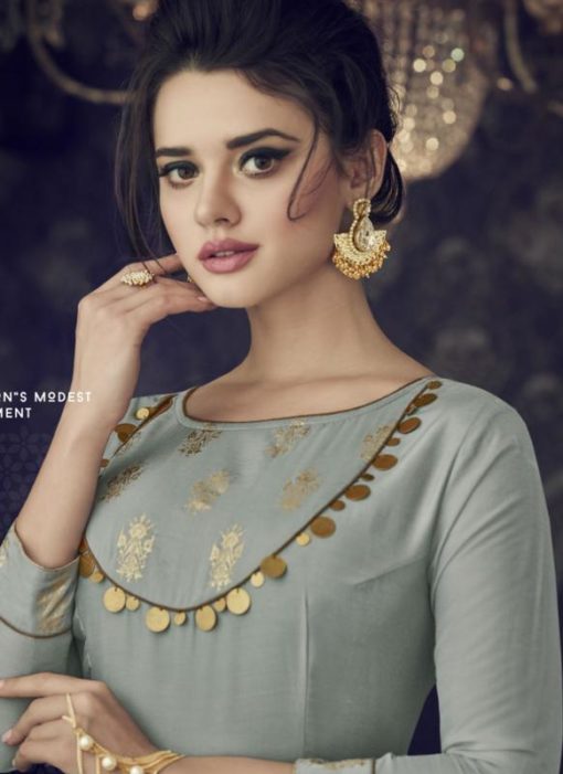 Gorgeous Grey Silk Zari Print Designer Anarkali Salwar Kameez