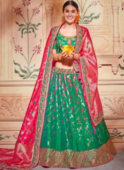 Striking Green Jacquard Silk Zari Weaving Designer Lehenga Choli