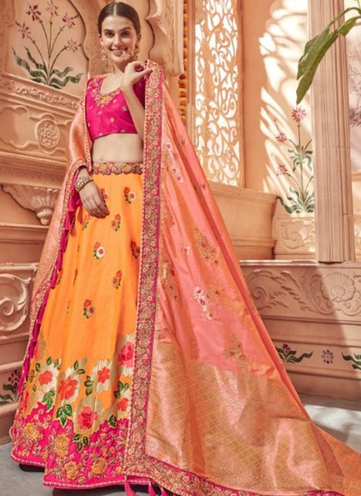 Marvellous Orange Jacquard Silk Zari Weaving Designer Lehenga Choli