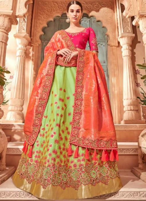 Excellent Green Jacquard Silk Zari Weaving Designer Lehenga Choli