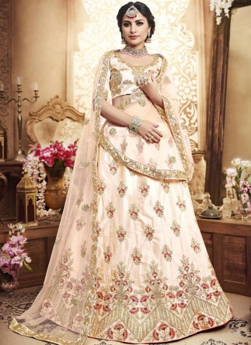 Excellent Peach Silk Embroidered Work Party Wear Lehenga Choli