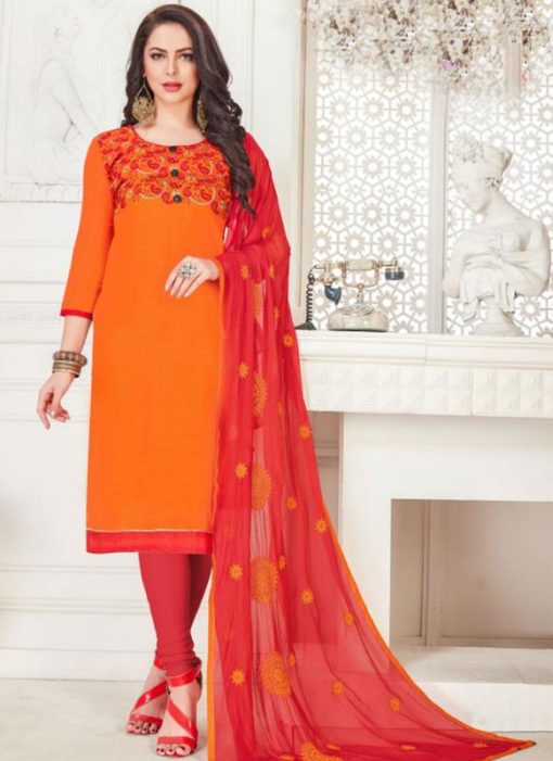 Marvellous Orange South Cotton Causal Wear Churidar Salwar Kameez