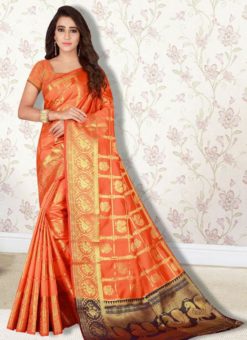 Prodigious Orange Banarasi Silk Zari Work Traditional Saree