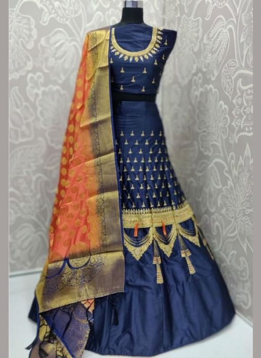 Amazing Blue Silk Satin Embroidered Wor Designer Wedding Lehenga Choli