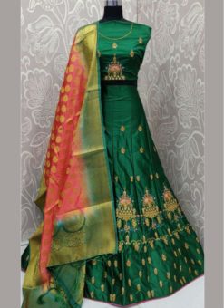 Elegant Green Silk Satin Embroidered Work Designer Wedding Lehenga Choli