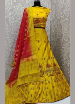 Fetching Yellow Silk Satin Embroidered Work Designer Wedding Lehenga Choli