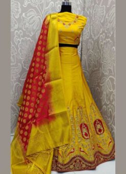 Adorable Yellow Silk Satin Embroidered Work Designer Wedding Lehenga Choli