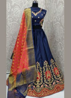 Delightful Blue Silk Satin Embroidered Work Designer Wedding Lehenga Choli