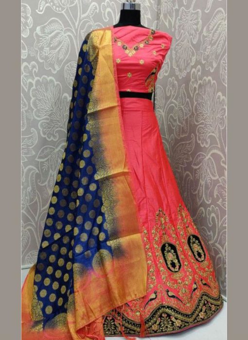Charming Pink Silk Satin Embroidered Work Designer Wedding Lehenga Choli