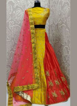 Amazing Yellow Silk Satin Embroidered Work Designer Wedding Lehenga Choli