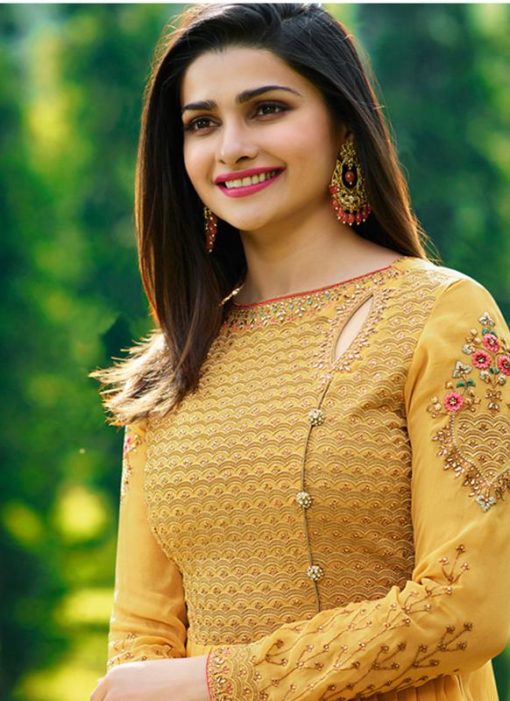 Alluring Yellow Georgette Embroidered Work Designer Anarkali Salwar Kameez