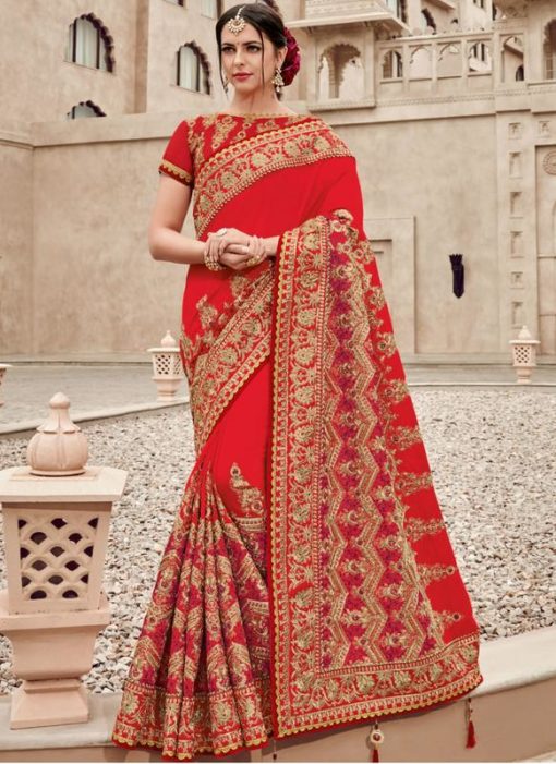 Adorable Red Satin Silk Designer Party Wear Saree