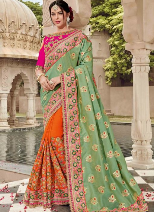 Pleasant Green And Orange Jacquard Silk Designer Saree
