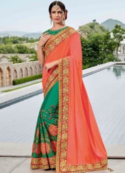 Exquisite Peach And Green Sartin Silk Designer Saree