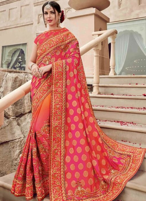 Charming Pink Jacquard Silk Embroidered Work Designer Saree