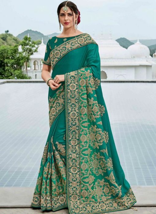 Beautiful Green Satin Silk Embroidered Work Party Wear Saree