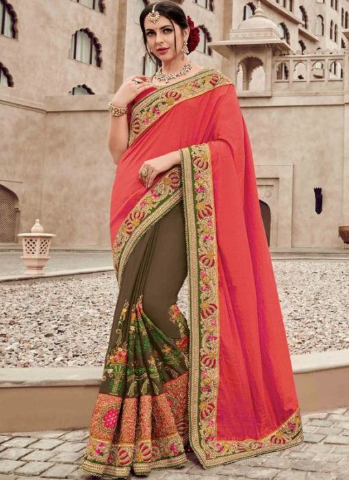 Amazing Pink And Brown Satin Silk Party Wear Designer Saree