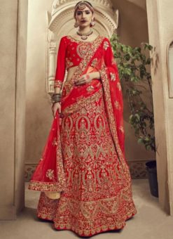 Dazzling Red Velvet Embroidered Work Wedding Lehenga Choli