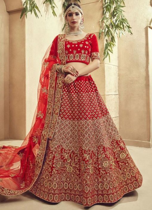 Exquisite Red Velvet Embroidered Work Wedding Lehenga Choli