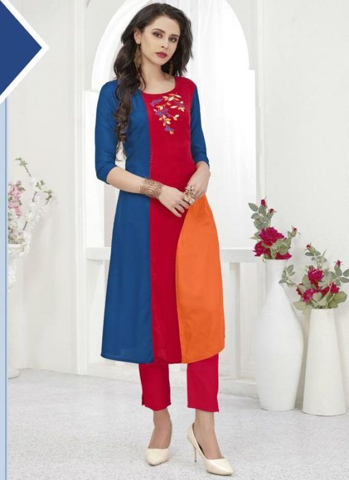 Appealing Royal Blue And Red Rayon Thread Work Party Wear Kurti