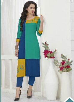 Captivating Sea Green And Blue Rayon Thread Work Party Wear Kurti