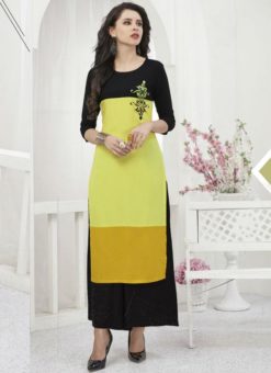 Charming Yellow And Black Rayon Thread Work Party Wear Kurti