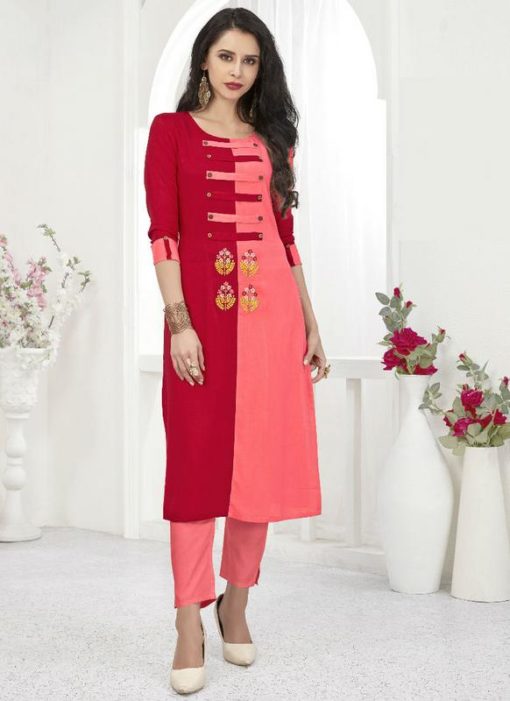 Attractive Pink And Red Rayon Thread Work Party Wear Kurti